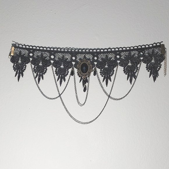 Black Lace, Fine chains, black tear drops Choker Necklace - Picture 1 of 5